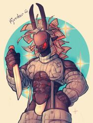 buff bulge circuit_the_robot happy knife mcmorthern red_eyes robot robot_male self_upload smile solo_male sparkle sparkles sweater thigh_highs wire_hair