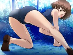 all_fours blush brown_hair bush bushes closed_eyes embarrassed female female_focus female_only footwear fukou_no_kami leotard mizugi one-piece_swimsuit outdoor_pee outdoors peeing peeing_self shoes short_hair solo solo_female solo_focus sukumizu swimsuit tagme tree trees urinating urinating_female urination urine wetting wetting_self wetting_swimsuit