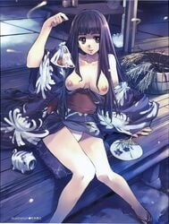 black_eyes black_hair breasts clothing fish high_resolution japanese_text kimono matsumoto_noriyuki nipples oppai original panties pantsu robe underwear wafuku white_panties