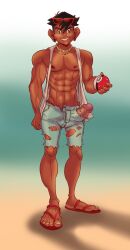 abs beach_boy biceps black black_hair brown_eyes brown_nipples brown_penis brown_skin calves circumcised cock commission commissioner_upload cosplay ear_piercing ear_tunnel erect_penis erection glans holding_poke_ball holes_in_pants jean_shorts jockman87 jug_ears large_cock large_ears large_feet legholes male male_only muscular muscular_male one_piece open_shirt pecs penis penis_through_leghole pokeball pokemon pokemon_trainer race_swap red_sandals ripped_jeans sandals satoshi_(pokemon) shell_necklace solo_male spiky_hair sunglasses sunglasses_on_head torn_jeans unbuttoned_shorts undercut unzipped waraji white_shirt