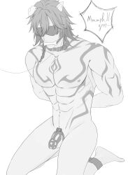 blindfold bondage cat_ears chained chastity_cage chastity_device collar gag gagged gagging gay handcuffs honkai:_star_rail kneeling leg_lock legcuffs male muscular mydei_(honkai:_star_rail) solo speech_bubble tattoo tied_up white_background