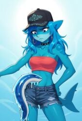 ai_generated animated anthro blue_body blue_hair body_invasion cap choker creature_inside female furry grok insects jean_shorts mp4 navel_penetration navel_vore oral_birth shark_girl shark_tail shorter_than_10_seconds slug sound tagme tubetop video vore