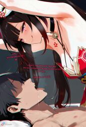 1boy 1girl1boy 1girls ai_generated armpit_fetish armpits breasts cleavage clothed_female_nude_male cottonmilk dialogue faceless_male female female_on_top femdom honkai:_star_rail humiliation humiliation_fetish looking_at_partner looking_down lying lying_on_bed male open_mouth saliva salivating smug smug_face sparkle_(honkai:_star_rail) sweaty sweaty_armpits sweaty_body teasing tongue