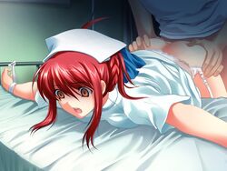 bondage both_genders brown_eyes empty_eyes from_behind medical nurse rape red_hair skirt_lift source_request