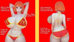 1girls 3d alternate_body_type alternate_breast_size armpits arms_behind_head ass back_view big_ass big_breasts big_butt bikini bob_cut breasts busty butt curvaceous curvy curvy_female curvy_figure english english_text female female_only hands_behind_head huge_breasts large_breasts mcdonald's milf mom_(japanese_mcdonald's_commercial) mother navel orange_hair pose posing purperv sensual solo text voluptuous yoru_mac