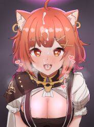 after_fellatio ahoge animal_ears black_shirt blush breasts censored cleavage cum cum_in_mouth cum_on_hair cum_on_tongue erection facial female framed_breasts fur-trimmed_sleeves fur_trim hair_ornament heart heart-shaped_pupils highres large_breasts looking_at_viewer mitarashinejiri nijisanji nose_blush oerba_yun_fang open_mouth orange_eyes pointless_censoring puffy_short_sleeves puffy_sleeves ratna_petit ratna_petit_(1st_costume) red_hair red_panda_ears red_panda_girl shirt short_hair short_sleeves suspenders symbol-shaped_pupils upper_body virtual_youtuber white_shirt x_hair_ornament