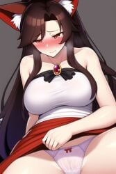 ai_generated bow_panties breasts brooch brown_hair cameltoe embarrassed female imaizumi_kagerou kagerou_imaizumi large_breasts lifting_skirt looking_away looking_down milf miniskirt moaning novelai panties partially_visible_vulva red_eyes red_miniskirt red_skirt skirt_lift sweating touhou vulva white_panties white_topwear wolf_ears wolf_girl