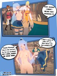 1boy 3d 3d_(artwork) 3girls aqua_(konosuba) areolae black_hair blue_eyes blue_hair breasts brown_hair clothed clothed_female clothed_female_nude_female clothed_male clothed_male_nude_female comic completely_nude completely_nude_female darkness_(konosuba) fefreak726 female kono_subarashii_sekai_ni_shukufuku_wo! light-skinned_female light-skinned_male long_hair megumin naked naked_female navel nipples nude nude_female open_mouth open_mouth_smile public public_nudity pussy satou_kazuma shameless smile undressing