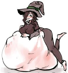 ass barefoot big_breasts big_breasts big_butt breasts breasts elicitie female female_pred green_eyes laying_on_belly mass_vore vore witch witch_hat