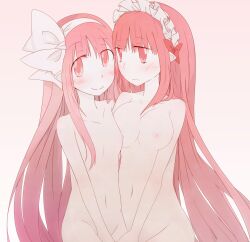 2girls asymmetrical_docking breasts collarbone completely_nude completely_nude_female disgaea holding_hands lesbian long_hair looking_at_another looking_at_viewer mage_(disgaea) medium_breasts multiple_girls navel nipples nippon_ichi_software pocon pointy_ears red_eyes red_hair small_breasts smile yuri