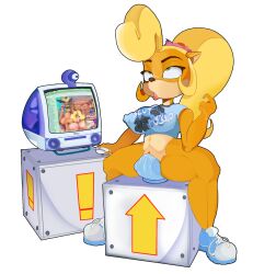 1girls activision ahe_gao anthro bandicoot big_breasts blonde_hair breasts clothing coco_bandicoot computer crabtopus crash_(series) crash_bandicoot crate crop_top desktop dildo doctor_neo_cortex electronics english_text eyes_rolling_back female female_only footwear fur genitals green_eyes hi_res imac large_insertion long_blonde_hair long_hair long_ponytail looking_at_porn naughty_dog ponytail pussy rule_34_(booru) sex_toy shortstack sneakers solo spread_legs tawna_bandicoot text text_on_crop_top thick_thighs vaginal watching_porn webcam