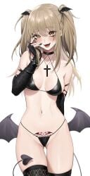 1girls ass_visible_through_thighs bikini black_bikini blonde_hair breasts death_note demon_girl expulse female female_only fully_clothed looking_at_viewer medium_breasts misa_amane nail_polish navel open_mouth pubic_tattoo revealing_clothes smile solo succubus succubus_tattoo tattoo wings yellow_eyes