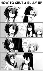 3girls ahe_gao blush bully closed_eyes comic english_text eyes_rolling_back female female_only french_kiss funny grs- heart hug kissing monochrome original profanity text_bubble tongue tongue_out wide_eyed yuri