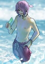 1boy 2n5 beach emo emo_boy femboy food from_above goth goth_boy hair_over_one_eye highres looking_at_viewer looking_up male male_focus male_only male_swimwear medium_hair mikel-kun nipple_piercing nipples ocean open_mouth original otoko_no_ko partially_submerged piercing ponytail popsicle purple_hair purple_male_swimwear purple_swim_trunks shorts smile solo swim swimsuit trap trunks twink wading water