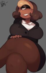 1girls black_nails business_suit crossed_legs cyclops dark-skinned_female eyeshadow female half-closed_eyes mole_under_eye nail_polish office_lady original pantyhose readraws reahmi smile smiling solo suit thick_thighs thighs