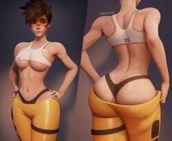 1girls 3d ass ass_cleavage big_ass big_breasts breadblack breasts brown_hair butt_crack female female_only freckles_on_ass hi_res large_breasts lena_oxton light-skinned_female overwatch short_hair simple_background solo solo_female standing tracer underboob watermark whale_tail whale_tail_(clothing)