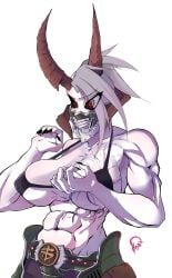 big_breasts demon demon_girl demon_horns doom doom_eternal girl horn horns marauder_(doom) mask masked_female muscular muscular_female red_eyes rule_63 topless white_background white_body white_hair white_skin