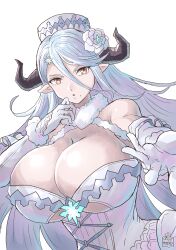 1girls breasts brown_eyes bursting_breasts chikoinochi cleavage draph female female_only granblue_fantasy horns huge_breasts izmir_(granblue_fantasy) long_hair looking_at_viewer parted_lips pointy_ears silver_hair solo underboob