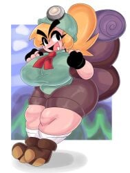 anthro backpack blonde_hair boots dork_boi female female_only fingerless_gloves goomba goombella grass helmet huge_breasts lewd_dorky mario_(series) not_furry paper_mario shorts sky thick_thighs