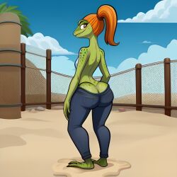 1girls 2020s 2023 ai_generated anthro ass ass_cleavage big_ass butt_crack female female_only frosting.ai gecko jeans lizard lizard_humanoid ponytail sand scalie scalie_humanoid scalieton self_upload