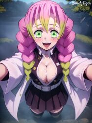 1girls ai_generated big_breasts bloody_tiger blush breasts busty center_opening cleavage cum cum_on_breasts demon_slayer demon_slayer_uniform green_eyes happy kanroji_mitsuri kimetsu_no_yaiba large_breasts pink_hair skirt smile solo stable_diffusion tagme twin_braids