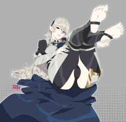 1girls absurdres armor artist_logo artist_name ass bare_thighs black_hairband black_panties blue_cape breasts cameltoe cape clothing_cutout collared_shirt commentary corrin_(female)_(fire_emblem) corrin_(fire_emblem) english_commentary feet female female female_only fire_emblem fire_emblem_fates foreshortening full_body grey_background grey_hair hair_between_eyes hairband hand_on_own_foot hand_on_own_thigh head_tilt highres inner_thighs knees_together_feet_apart legs legs_up long_hair looking_at_viewer lying nintendo no_shoes on_back panties parted_bangs parted_lips pointy_ears r3dfive red_eyes shadow shirt soles solo stirrup_legwear thigh_cutout thighs toeless_legwear toenails toes underwear