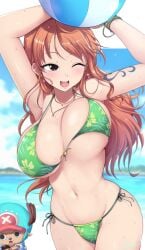 1boy 1girls bikini bouncing_breasts breasts cleavage female fit_female hourglass_figure huge_breasts kasai_shin large_breasts light-skinned_female light_skin long_hair male nami one_piece orange_hair outdoors post-timeskip slim_waist thick_thighs tony_tony_chopper wide_hips