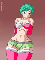 1girls arms_behind_back blue_eyes blue_hair bondage bulma bulma_(dragon_ball) bulma_briefs bulma_briefs_(beginnings_of_dragon_ball_z) christmas christmas_outfit dragon_ball dragon_ball_super dragon_ball_z femsub revealing_clothes skimpy skimpy_clothes thighhighs yamidanight