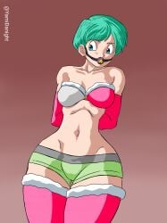 1girls arms_behind_back ball_gag blue_eyes blue_hair bondage bulma bulma_(dragon_ball) bulma_briefs bulma_briefs_(beginnings_of_dragon_ball_z) christmas dragon_ball dragon_ball_super dragon_ball_z femsub skimpy skimpy_clothes thighhighs yamidanight