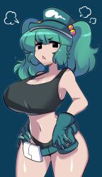 1girls angry angry_face big_breasts blue_background borrowed_character borrowed_design cleavage curvy_body curvy_female cyan_hair gloves hat light-skinned_female missandydandy nitori_kawashiro nono_(notnoe) shaded sideboob tank_top thick_thighs thong touhou