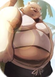 1boy 2023 anthro barely_visible_genitalia barely_visible_penis bear belly big_belly bottomwear clothing genitals hi_res kemono leib_(tokyo_afterschool_summoners) lifewonders male male_only mammal metaporin outside overweight overweight_male palm_tree penis plant polar_bear shirt shorts smoking solo swimwear tokyo_afterschool_summoners topwear tree ursine