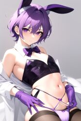 1boy ai_generated bunny_ears bunnysuit femboy femboy_bunny feminine_male panties purple_clothing purple_eyes purple_hair