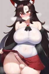 ai_generated armwear balls breasts brooch brown_hair detached_sleeves embarrassed erect_penis erection female full-package_futanari futanari futanari huge_breasts imaizumi_kagerou kagerou_imaizumi large_breasts lifting_skirt looking_down medium_penis milf miniskirt novelai orange_eyes pleated_skirt red_miniskirt red_skirt skintight_tubetop skirt_lift steaming_body steamy_breath sweating testicles tight_clothing touhou tubetop veiny_penis white_thighhighs white_topwear white_tubetop wolf_ears wolf_girl