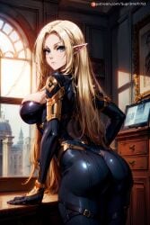 1girls ai_generated alpha_(the_eminence_in_shadow) ass ass_focus big_ass big_breasts big_butt blonde_hair blue_eyes bodysuit breasts butt_focus cleavage curvaceous curvy curvy_body curvy_female curvy_figure elf elf_ears elf_female female female_only indoors kage_no_jitsuryokusha_ni_naritakute! large_ass large_butt looking_at_viewer looking_back mature_female pointy_ears supr3metr the_eminence_in_shadow yellow_hair