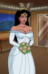 1girls amazon big_breasts black_hair blue_eyes bouquet breasts bride crown dc dc_comics dcau edit female female_only lovekraut smile solo sunsetriders7 tiara wedding_dress white_dress wonder_woman wonder_woman_(series)