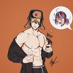 1boy 1girls blush emikukis female hispanic_virtual_youtuber just_nova male male_focus markitosart20 muscular muscular_male owozu topless topless_male virtual_youtuber youtube youtube_hispanic