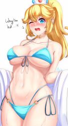 anisdrawn big_breasts bikini bikini_strings blonde_hair blue_eyes blush color crown mario_(series) nintendo one_eye_closed princess_peach sideinner_sideboob simple_background sweaty text towel underboob