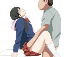 age_difference amano_hina_(tenki_no_ko) closed_eyes clothed clothed_sex clothing knee_socks kneehighs kneesocks mr_trace_mosha questionable_consent school_uniform skirt socks spread_legs tenki_no_ko white_background white_socks