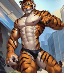 abs ai_generated areola barazoku black_briefs black_underwear blue_eyes briefs bulge furry looking_down muscular muscular_anthro muscular_male navel nipple_piercing nipples orange_fur riseflux striped_fur stripes tiger town underwear