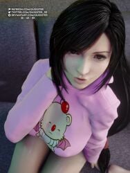 1girls 3d 3d_model black_hair blender cute cute_expression cute_face eye_contact final_fantasy final_fantasy_vii final_fantasy_vii_remake gussster hoodie light_skin lighting pink_clothing self_upload skirt sofa thick_thighs tifa_lockhart