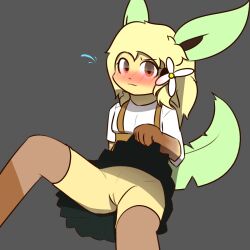 anthro blush bottomwear clothed clothing clothing_lift eeveelution female generation_4_pokemon genitals hi_res leafeon leafeon55555_(artist) legwear nintendo pokemon pokemon_(species) pussy skirt skirt_lift solo thigh_highs