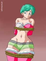 1girls blue_eyes blue_hair bondage bulma bulma_(dragon_ball) bulma_briefs bulma_briefs_(beginnings_of_dragon_ball_z) christmas dragon_ball dragon_ball_super dragon_ball_z femsub rope_bondage sex_slave skimpy skimpy_clothes slave thighhighs yamidanight