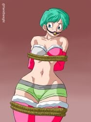 1girls ball_gag blue_eyes blue_hair bondage bulma bulma_(dragon_ball) bulma_briefs bulma_briefs_(beginnings_of_dragon_ball_z) christmas dragon_ball dragon_ball_super dragon_ball_z femsub rope rope_bondage skimpy skimpy_clothes thighhighs yamidanight