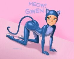 1girls 2013 all_fours arched_back ass ben_10 big_ass blue_bodysuit blue_clothing blue_suit bodysuit cat_costume cat_ears cat_tail catgirl catsuit clothed clothing digital_drawing_(artwork) digital_media_(artwork) drew_gardner english_text fake_ears fake_tail female female_only full-length_portrait full_body fully_clothed green_eyes gwen_tennyson happy high_heel_boots high_heels hourglass_figure human latex latex_bodysuit latex_clothing latex_suit long_tail looking_at_viewer mammal on_ground pink_background platform_footwear platform_heels png rubber rubber_bodysuit rubber_clothing rubber_suit shiny shiny_bodysuit shiny_clothes shiny_suit side_view signature simple_background slender_waist slim slim_female slim_waist small_breasts small_waist smile smiling smiling_at_viewer solo spread_legs suit tail text tight_clothes tight_clothing two_tone_clothing white_footwear white_high_heels white_shoes wide_hips