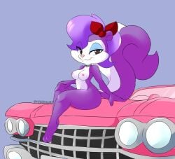 1girls anthro black_eyes bow breasts car choker eyeshadow female fifi_la_fume furry hairbow half-closed_eyes hand_on_knee heart hidden-cat highres looking_at_viewer makeup nipples nude purple_fur purple_hair short_hair sitting skunk smile solo tail tiny_toon_adventures warner_brothers