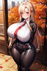 ai_generated alternate_breast_size anime arms_behind_back autumn autumn_leaves blush brown_hair buisness_suit curvy detailed_background hourglass_figure huge_breasts looking_at_viewer narrow_waist orange_eyes stable_diffusion sword_art_online thick_thighs tight_clothing wide_hips xenomon yuuki_asuna