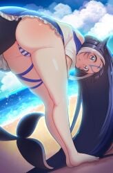 1girls animal_ears ass ass_focus beach bent_over blue_eyes blue_hair blue_serafuku blue_skirt blue_sky cameltoe cat_ears clouds dark_blue_hair face_markings female female_only fish_tail hi_res indie_virtual_youtuber layered_skirt lewdishsnail light-skinned_female light_skin looking_at_viewer looking_back multicolored_hair o.o ocean open_mouth orca_tail panties pantyshot sand serafuku shirt short_sleeves shylily skirt sky solo standing streaked_hair striped_panties tail thigh_strap thighs twitch two-tone_hair underwear very_long_hair virtual_youtuber white_hair white_shirt