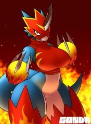 absurd_res anthro bandai_namco biped blue_body digimon digimon_(species) female fire_background flamedramon genitals gonda hi_res looking_at_viewer pussy red_background red_body simple_background solo white_body yellow_eyes