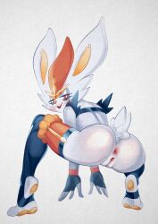 2023 anthro anus ass bedroom_eyes cinderace clothing color_edit crouching english_text female fingerless_gloves full-length_portrait fur furry furry_only generation_8_pokemon genitals gloves handwear hi_res lagomorph legwear looking_back mammal mostly_nude narrowed_eyes nintendo pokemon pokemon_(species) portrait presenting presenting_hindquarters pussy rear_view red_eyes seductive simple_background solo squatting stirrup_legwear tail text toeless_legwear toeless_stockings tongue white_background white_body white_fur xu53r