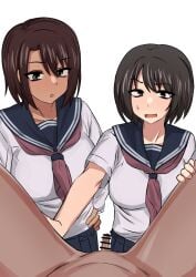 1boy 2girls big_breasts black_eyes black_hair brown_eyes brown_hair censored dark-skinned_female dark-skinned_male dissappointed_look enari impressed micropenis no_text_version school_uniform schoolgirl short_hair small_penis small_penis_humiliation sweatdrop tan_skin